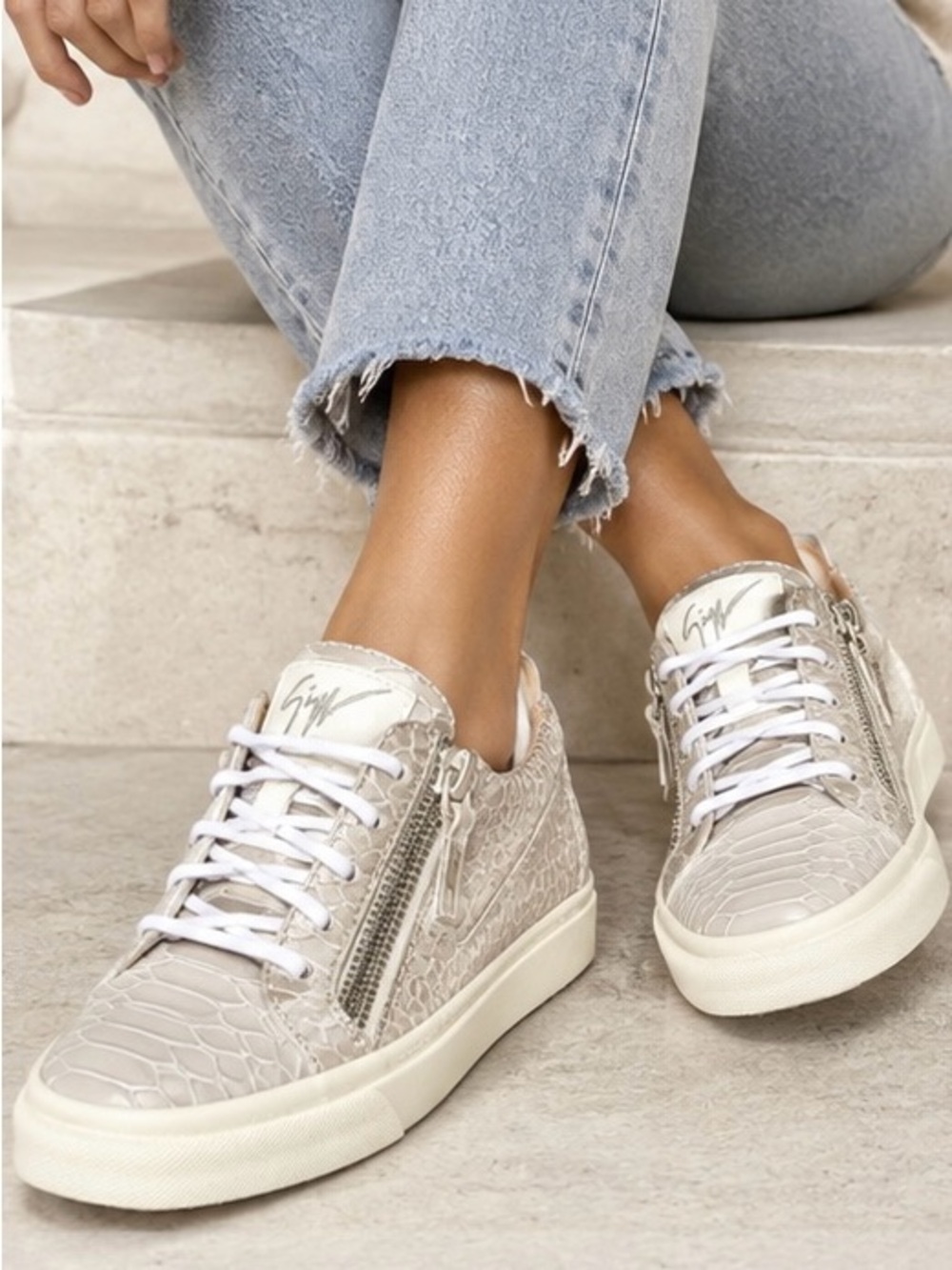 Giuseppe Zanotti Croc Embossed Leather Double Zip Sneakers EU 34 NWT $973